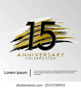 Emblema de la celebración del 15 aniversario. Logotipo elegante del aniversario aislado con el cepillo de oro - acariciado en el fondo blanco Diseño de la Plantilla de la Ilustración vectorial para el Web, volantes, cartel, saludo