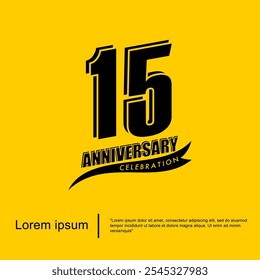 Emblema de la celebración del aniversario de 15 años. logotipo negro del aniversario aislado con la cinta en el fondo amarillo. diseño de la Plantilla de la Ilustración vectorial para el Web, volantes, cartel, tarjeta de la invitación, tarjeta de felicitación