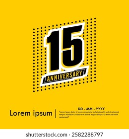 15th years anniversary celebration emblem. anniversary logo isolated with ribbon and polka dots pattern on yellow background. vector illustration template design for web, flyers, poster, greeting card