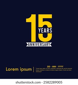 15th years anniversary celebration emblem. anniversary logo isolated with white ribbon on dark blue background. vector illustration template design for web, flyers, poster, greeting card 