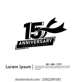 15th years anniversary celebration emblem. black anniversary logo isolated with ribbon on white background. vector illustration template design for web, flyers, poster, greeting card