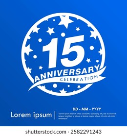 15th years anniversary celebration emblem. white anniversary logo isolated with ribbon and stars ball on blue background. vector illustration template design for web, flyers, poster, greeting card