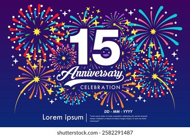 15th years anniversary celebration emblem. anniversary logo isolated with ribbon, sparkle, twinkle fireworks and stars. vector illustration template design for web, flyers, poster, greeting card