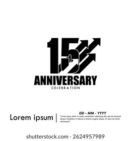 15th years anniversary celebration emblem. anniversary logo isolated with arrow lines growth up to target on white background. vector illustration template design for web, flyers, poster, greeting
