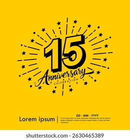 15th years anniversary celebration emblem. congratulations anniversary logo isolated with ribbon and starburst on yellow background. vector illustration template design