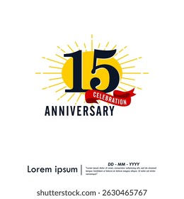 15th years anniversary celebration emblem. congratulations anniversary logo isolated with red ribbon and starburst on white background. vector illustration template design