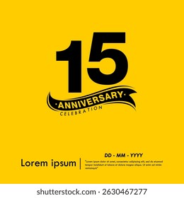 15th years anniversary celebration emblem. black logo isolated with ribbon on yellow background. vector illustration template design for web, flyers, poster, greeting card and invitation card