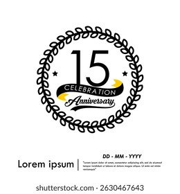 15th years anniversary celebration emblem. congratulation anniversary logo medal isolated with laurel wreath and ribbon on white background. vector illustration template design 