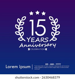 15th years anniversary celebration emblem. congratulations anniversary logo isolated with laurel wreath and stars and ribbon on dark blue background. vector illustration template design