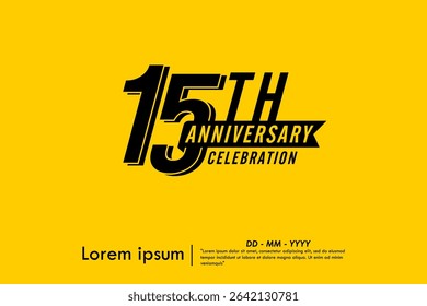 15th years anniversary celebration emblem. black logo isolated with ribbon on yellow background. vector illustration template design for web, flyers, poster, greeting card and invitation card