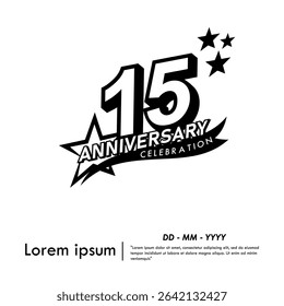15th years anniversary celebration emblem. black anniversary logo isolated with ribbon and stars on white background. vector illustration template design for web, flyers, poster, greeting card