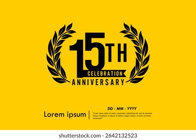 15th years anniversary celebration emblem. anniversary logo isolated with laurel wreath and ribbon on yellow background. vector illustration template design for web, flyers, poster, greeting card