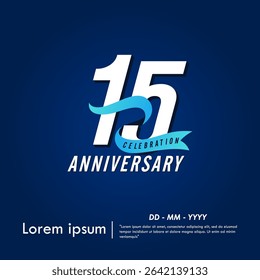 15th years anniversary celebration emblem. elegant anniversary logo isolated with blue ribbon on dark blue background. vector illustration template design for web, flyers, poster, greeting card