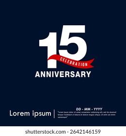 15th years anniversary celebration emblem. elegant anniversary logo isolated with red ribbon on dark blue background. vector illustration template design for web, flyers, poster, invitation card