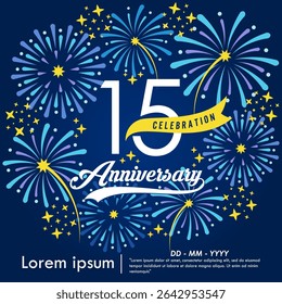 15th years anniversary celebration emblem. congratulations anniversary logo isolated with yellow ribbon and fireworks sparkle on blue background. vector illustration template design for web banner