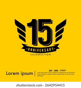 15th years anniversary celebration emblem. congratulations anniversary logo isolated with ribbon and wing on yellow background. vector illustration template design for web, flyers, poster, greeting 