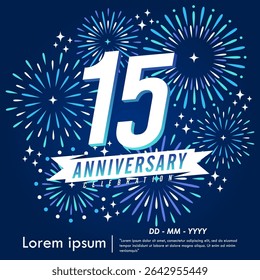 15th years anniversary celebration emblem. congratulations anniversary logo isolated with ribbon and fireworks sparkle on blue background. vector illustration template design for web banner