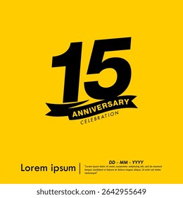 15th years anniversary celebration emblem. congratulations anniversary logo isolated with ribbon on yellow background. vector illustration template design for web, flyers, poster, greeting card