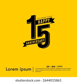 15th years anniversary celebration emblem. black logo isolated with ribbons on yellow background. vector illustration template design for web, flyers, poster, greeting card and invitation card