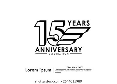 15th years anniversary celebration emblem. black anniversary logo isolated with ribbons on white background. vector illustration template design for web, flyers, poster, invitation and greeting card