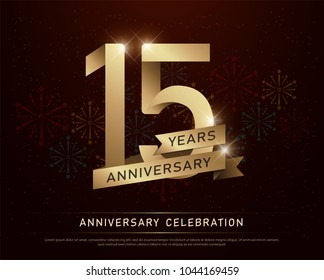 15th years anniversary celebration gold number and golden ribbons with fireworks on dark background. vector illustration