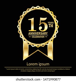 15th years anniversary celebration. anniversary logo with golden jagged edge ring elegance isolated on black background, vector template design for celebration greeting card and invitation card