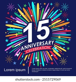 15th years anniversary celebration logo isolated with ribbon, stars and fireworks sparkle twinkle. vector illustration template design for web, flyers, poster, invitation card or greeting card