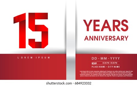 15th Years Anniversary celebration logo, flat design isolated on red and white background, vector elements for banner, invitation card and birthday party.