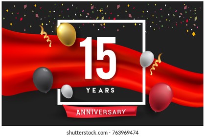 15th years Anniversary celebration logo, isolated on red ribbon and balloon, vector elements for banner, invitation card and birthday party.