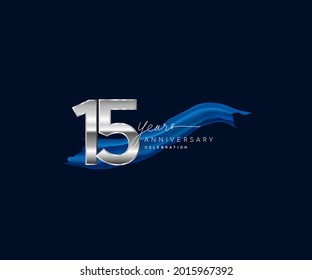 15th Years Anniversary celebration logotype silver colored with blue ribbon and isolated on dark blue background