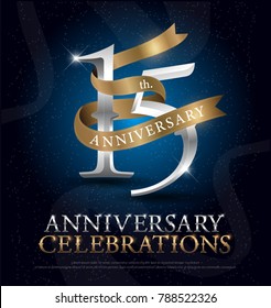 15th years anniversary celebration silver and gold logo with golden ribbon on dark blue background. vector illustrator