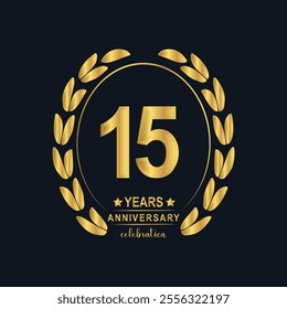 15th Years Anniversary celebration. Vector Template festive illustration Golden Color,. Birthday or wedding party event decoration.