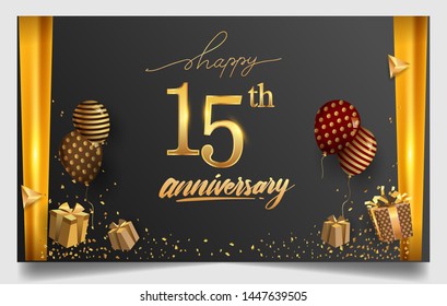 15th years anniversary design for greeting cards and invitation, with balloon, confetti and gift box, elegant design with gold and dark color, design template for birthday celebration.