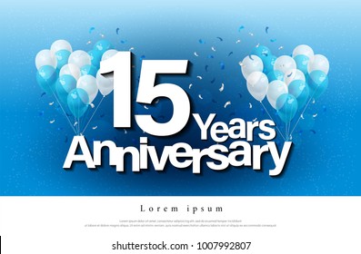 15th years anniversary greeting card lettering template with balloon and confetti. Design for invitation card, banner, web, header and flyer. vector illustrator