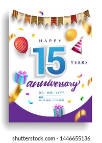 15th Years Anniversary invitation Design, with gift box and balloons, ribbon, Colorful Vector template elements for birthday celebration party.