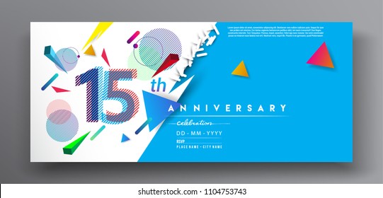 15th years anniversary logo, vector design birthday celebration with colorful geometric background and circles shape.