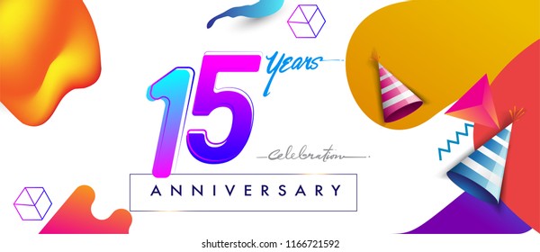 15th years anniversary logo, vector design birthday celebration with colorful geometric background and futuristic elements