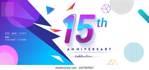 15th years anniversary logo, vector design birthday celebration with colorful geometric background and circles shape.