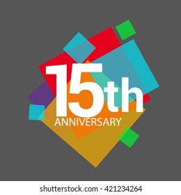 15th years anniversary logo, vector design isolated on colorful geometric background, for birthday celebration.