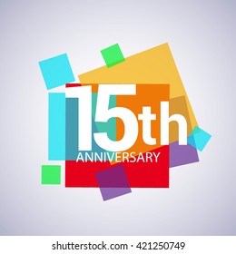 15th years anniversary logo, vector design birthday celebration with colorful geometric isolated on white background.