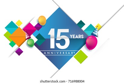 15th years anniversary logo, vector design birthday celebration with colorful geometric isolated on white background.