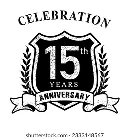 15th years anniversary logo vintage style black and white. Vector illustration.