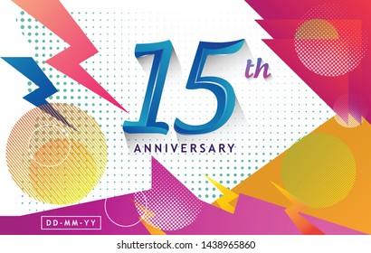 15th years anniversary vector design birthday celebration with colorful geometric elegant background, ballons and circles shape