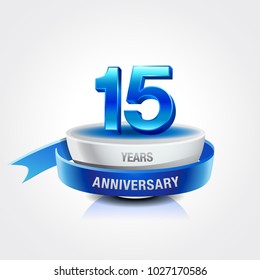 15th years blue anniversary logo celebration with ring and ribbon.