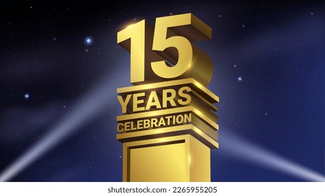 15th Years Celebration, 3D Gold Statue with Spotlights, Luxury Hollywood Light, Vector Illustration