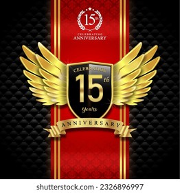 15th years celebration anniversary logo vector isolated on dark red and black luxury background