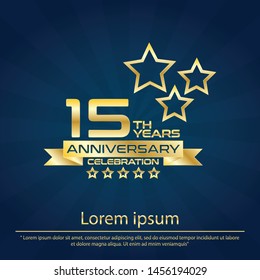 15th years elegance golden and star anniversary celebration emblem ,anniversary logo design for web, game, creative poster, booklet, leaflet, flyer, magazine, greeting card and invitation card
