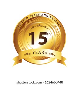 15th years golden anniversary logo celebration with ring and ribbon