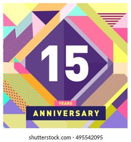 15th years greeting card anniversary with colorful number and frame. logo and icon with Memphis style cover and design template