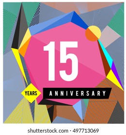 15th years greeting card anniversary with colorful number and frame. logo and icon with Memphis style cover and design template